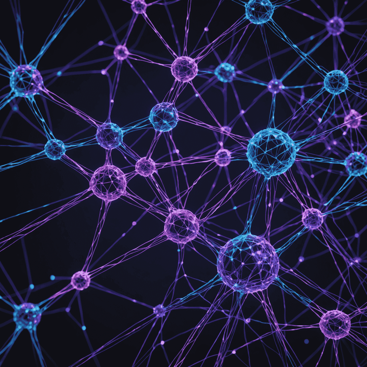 Abstract visualization of a neural network with interconnected nodes glowing in blue and purple, representing the complexity and power of AI systems in real-world applications