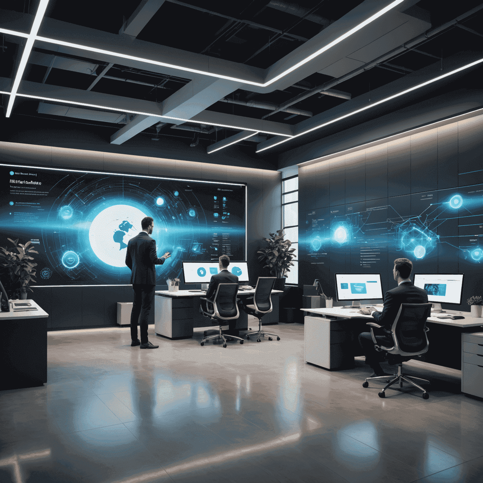 A sleek, modern office space with employees interacting with holographic displays showing real-time data analytics and automated workflow processes, emphasizing the seamless integration of intelligent automation in a business environment.