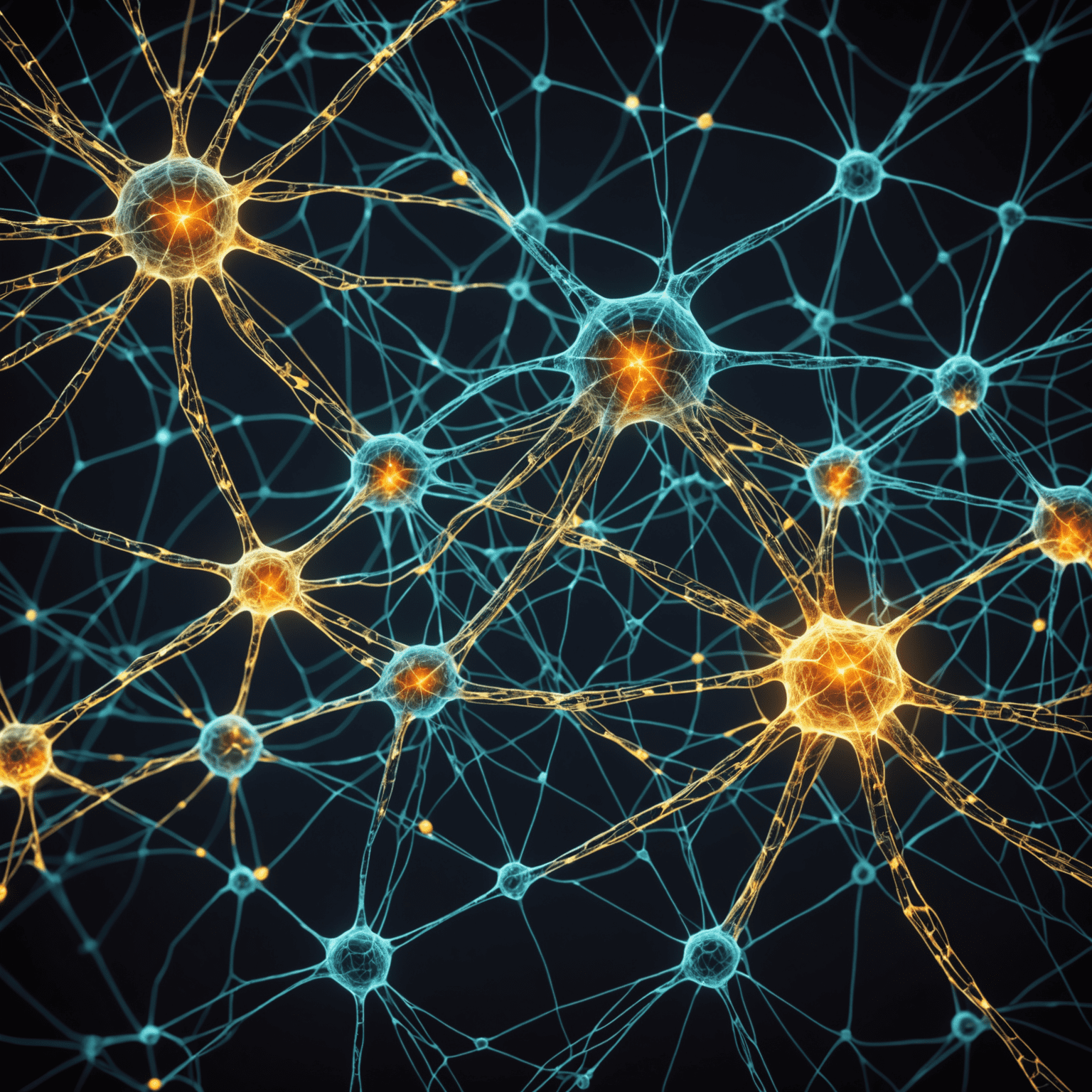 Intricate web of interconnected neurons forming a complex neural network, with glowing pathways representing data flow and processing
